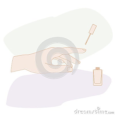 Hand with nail polish and nail brush with a background of colored abstract spots. Manicure Vector Illustration